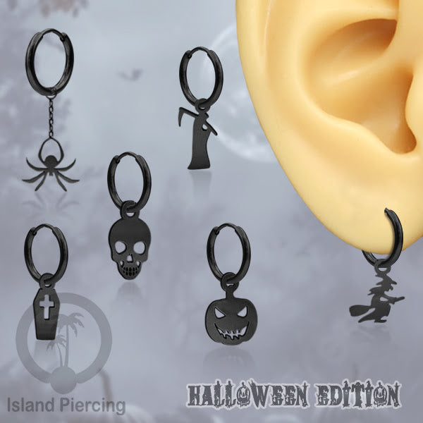 Stainless Steel Anting Hoop Ear Huggies Halloween warna hitam dengan Liontin, Charm, Tengkorak, Sihir, Laba-2