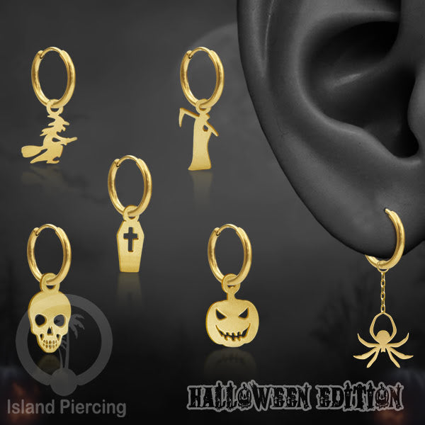 Stainless Steel Anting Hoop Ear Huggies Halloween warna gold dengan Liontin, Charm, Tengkorak, Sihir, Laba-2.