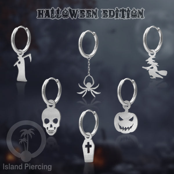Stainless Steel Anting Hoop Ear Huggies Halloween warna silver dengan Liontin, Charm, Tengkorak, Sihir, Laba-2.