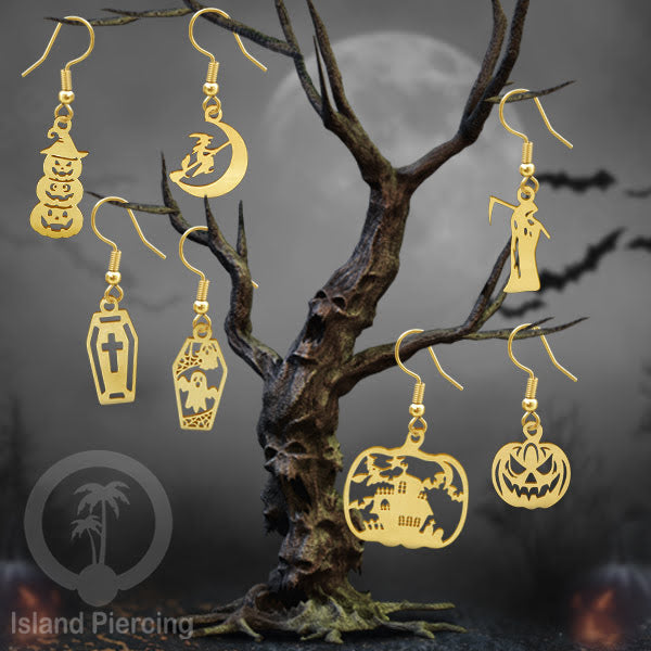 Stainless Steel Anting Dangling Hook Earring Halloween warna gold model Tengkorak, Hantu, Sihir, Peti