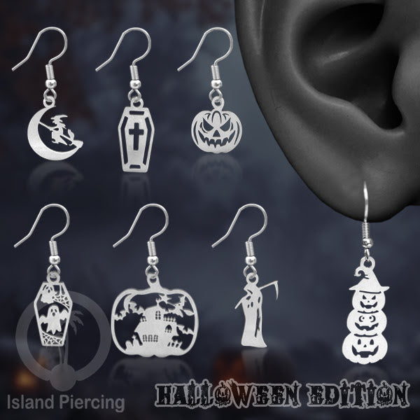 Stainless Steel Anting Dangling Hook Earring Halloween warna silver model Tengkorak, Hantu, Sihir, Peti