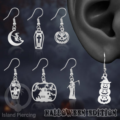 Stainless Steel Anting Dangling Hook Earring Halloween warna silver model Tengkorak, Hantu, Sihir, Peti