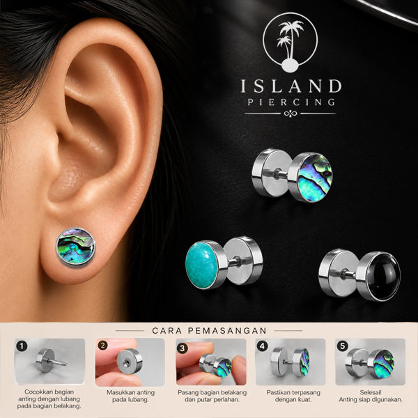 Fake Stainless Steel Plug warna silver isi Resin warna Hitam, Toska atau kerang Paua sintetis