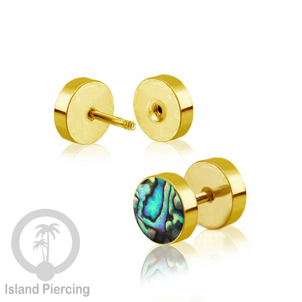 Fake Stainless Steel Plug warna Gold isi Resin warna Hitam, Toska atau kerang Paua sintetis