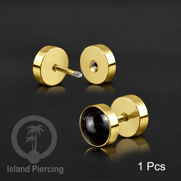 Fake Stainless Steel Plug warna Gold isi Resin warna Hitam, Toska atau kerang Paua sintetis
