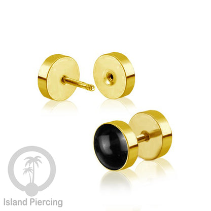 Fake Stainless Steel Plug warna Gold isi Resin warna Hitam, Toska atau kerang Paua sintetis