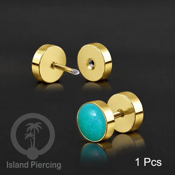 Fake Stainless Steel Plug warna Gold isi Resin warna Hitam, Toska atau kerang Paua sintetis