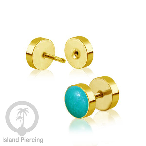Fake Stainless Steel Plug warna Gold isi Resin warna Hitam, Toska atau kerang Paua sintetis