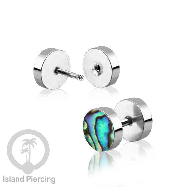 Fake Stainless Steel Plug warna silver isi Resin warna Hitam, Toska atau kerang Paua sintetis