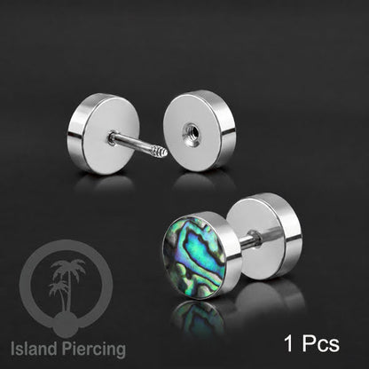 Fake Stainless Steel Plug warna silver isi Resin warna Hitam, Toska atau kerang Paua sintetis
