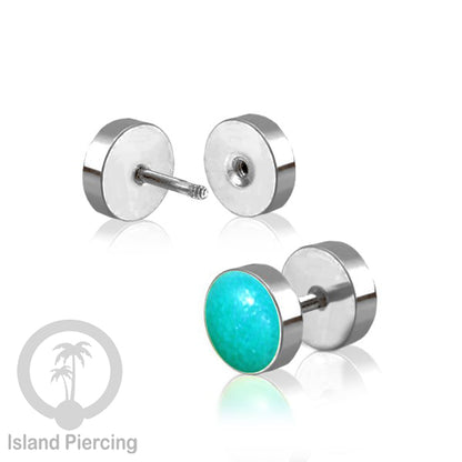 Fake Stainless Steel Plug warna silver isi Resin warna Hitam, Toska atau kerang Paua sintetis
