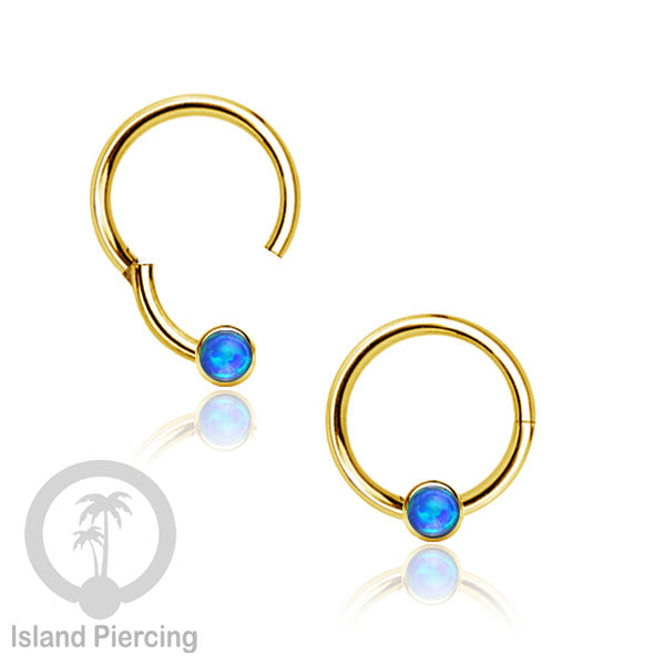 Hinged Segment Ring warna gold dengan batu di pakai dalam mulut bawah bibir atas.