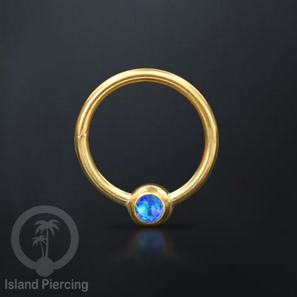 Hinged Segment Ring warna gold dengan batu di pakai dalam mulut bawah bibir atas.