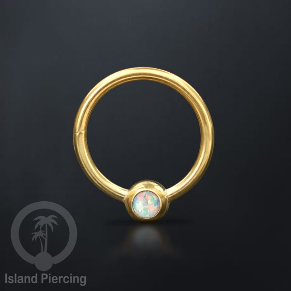 Hinged Segment Ring warna gold dengan batu di pakai dalam mulut bawah bibir atas.