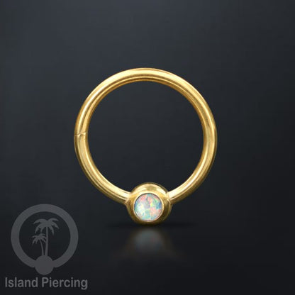 Hinged Segment Ring warna gold dengan batu di pakai dalam mulut bawah bibir atas.