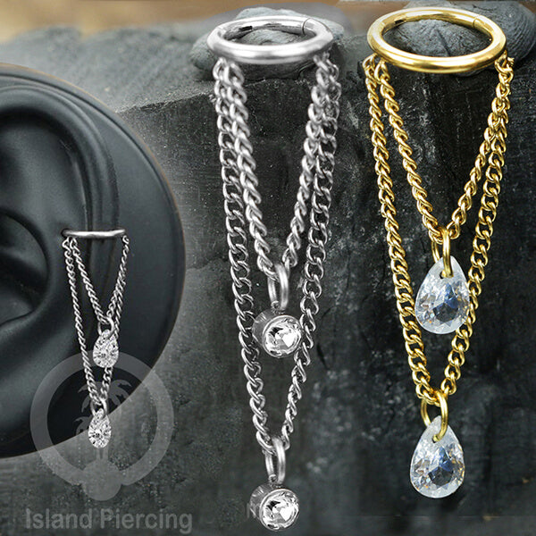 Anting Helix dan Conch Piercing dengan rantai dan kristal zirconia