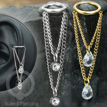 Anting Helix dan Conch Piercing dengan rantai dan kristal zirconia