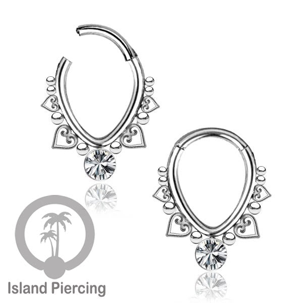 Anting Piercing Hinged Segment Ring 316L stainless dengan kristal dan batu