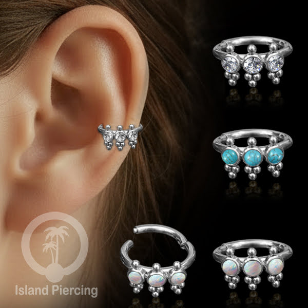 Segment Ring Piercing Stainless warna silver Septum Piercing Anting Tindik Helix dengan 3 batu