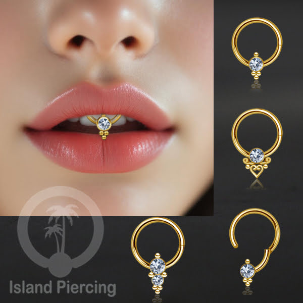 Segment Ring Stainless untuk Bibir atas, Tindik Lip Piercing Septum kristal zirconia warna gold