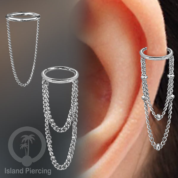 Hinged Segment Ring Stainless dengan rantai polos cocok Piercing Helix dan Conch warna Silver