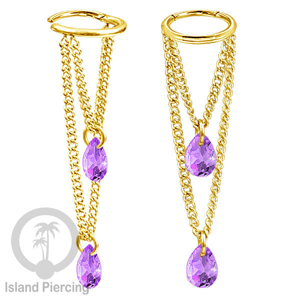 Anting Body Jewelry Helix dan Conch Piercing dengan rantai dan kristal zirconia warna warni