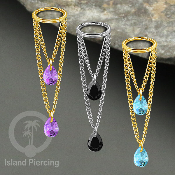 Anting Body Jewelry Helix dan Conch Piercing dengan rantai dan kristal zirconia warna warni