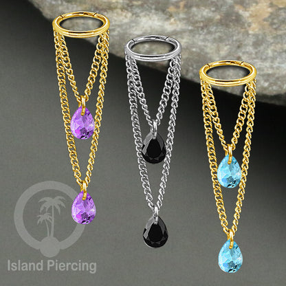 Anting Body Jewelry Helix dan Conch Piercing dengan rantai dan kristal zirconia warna warni