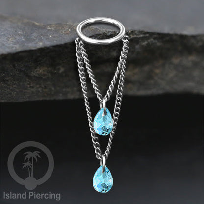 Anting Body Jewelry Helix dan Conch Piercing dengan rantai dan kristal zirconia warna warni