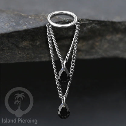 Anting Body Jewelry Helix dan Conch Piercing dengan rantai dan kristal zirconia warna warni