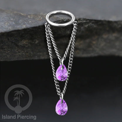 Anting Body Jewelry Helix dan Conch Piercing dengan rantai dan kristal zirconia warna warni