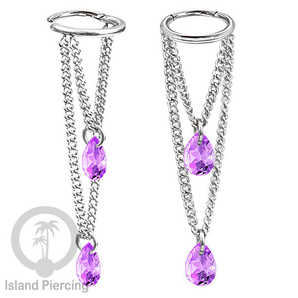 Anting Body Jewelry Helix dan Conch Piercing dengan rantai dan kristal zirconia warna warni