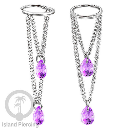 Anting Body Jewelry Helix dan Conch Piercing dengan rantai dan kristal zirconia warna warni