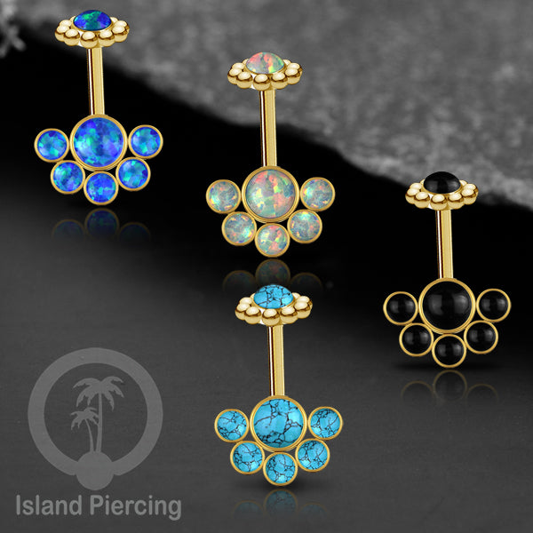 Tindik Anting Helix Stainless warna gold dengan 6 batu, Opal biru, Opal putih, Onyx atau Turquoise