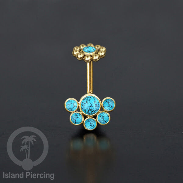 Tindik Anting Helix Stainless warna gold dengan 6 batu, Opal biru, Opal putih, Onyx atau Turquoise