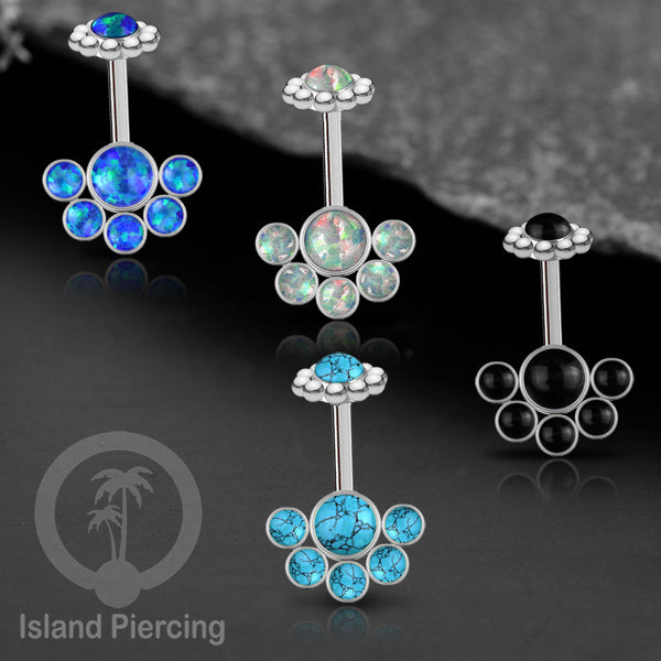 Tindik Anting Helix Stainless warna silver dengan 6 batu, Opal biru, Opal putih, Onyx atau Turquoise