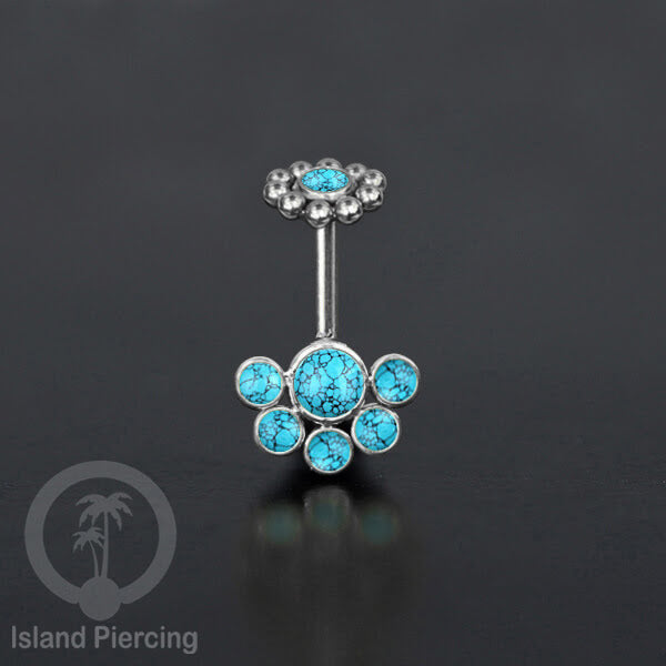Tindik Anting Helix Stainless warna silver dengan 6 batu, Opal biru, Opal putih, Onyx atau Turquoise