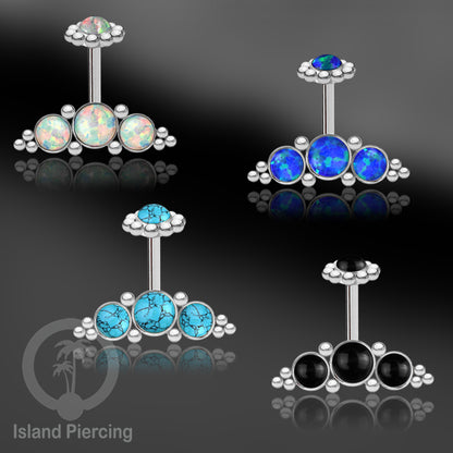 Tindik Anting Helix Stainless warna silver dengan batu, Opal biru, Opal putih, Onyx atau Turquoise