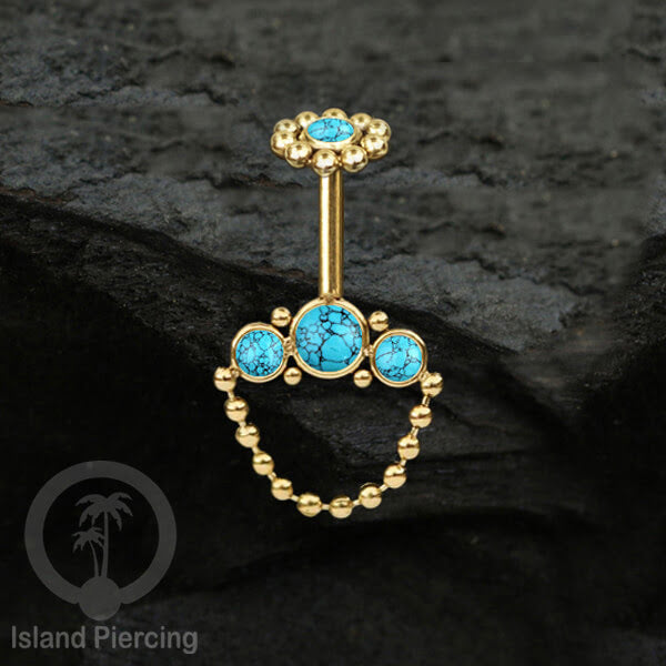 Tindik Anting Helix Stainless warna gold dengan rantai dan 3 batu Helix Piercing jewelry