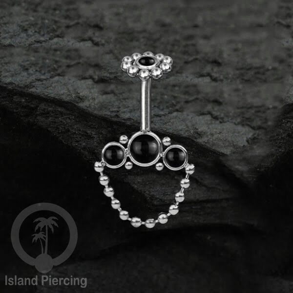 Tindik Anting Helix Stainless warna silver dengan rantai dan 3 batu Helix Piercing jewelry