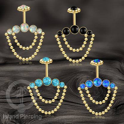 Anting Tindik Stainless warna gold, Piercing Helix dengan rantai dan batu