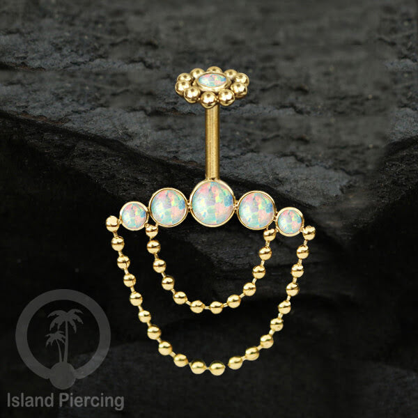 Anting Tindik Stainless warna gold, Piercing Helix dengan rantai dan batu