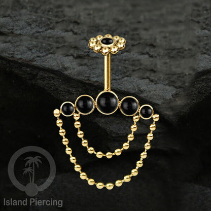 Anting Tindik Stainless warna gold, Piercing Helix dengan rantai dan batu