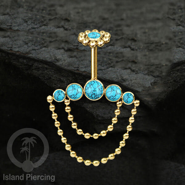 Anting Tindik Stainless warna gold, Piercing Helix dengan rantai dan batu