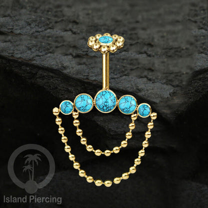 Anting Tindik Stainless warna gold, Piercing Helix dengan rantai dan batu