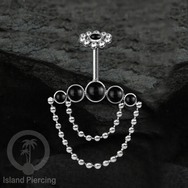 Anting Tindik Stainless warna silver, Piercing Helix dengan rantai dan batu