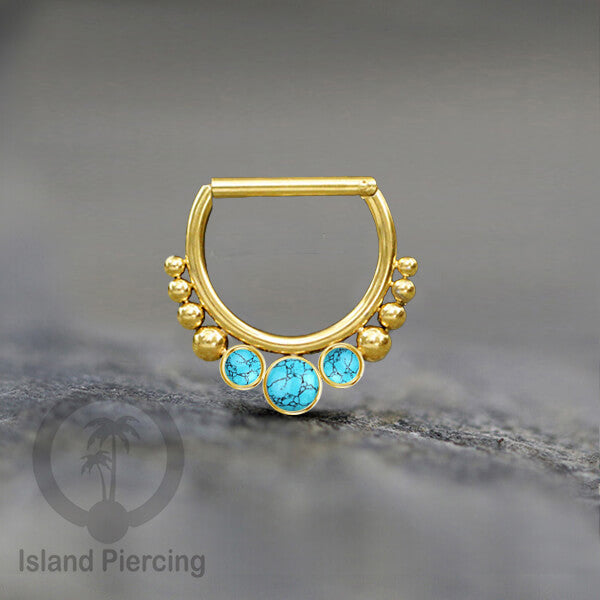 Hinged Septum Piercing clicker warna gold PVD steel dengan 3 batu semi murni
