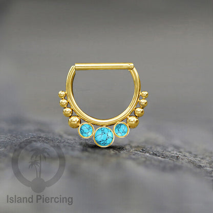 Hinged Septum Piercing clicker warna gold PVD steel dengan 3 batu semi murni