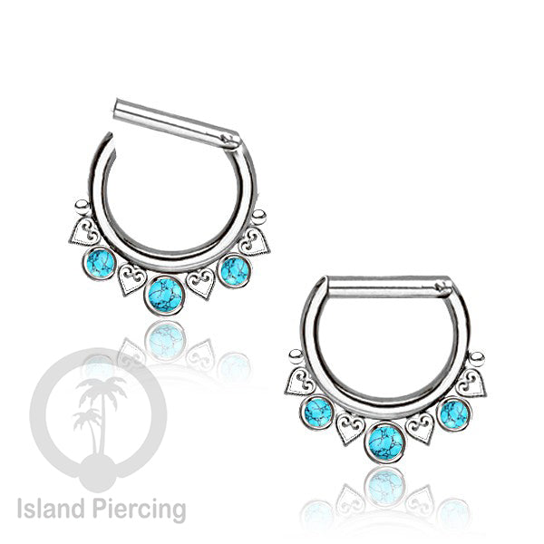 Hinged Septum clicker Piercing Hidung Stainless steel dengan 3 batu dan hati kecil