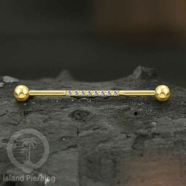Anting Industrial Piercing stainless pilihan warna Gold dengan Kristal Zirconia